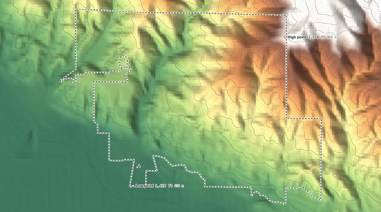 Topographic elevation map of San Manuel Reservation, California, shaded from 1,420 ft on the southwest side to 3,160 ft on the northeast side