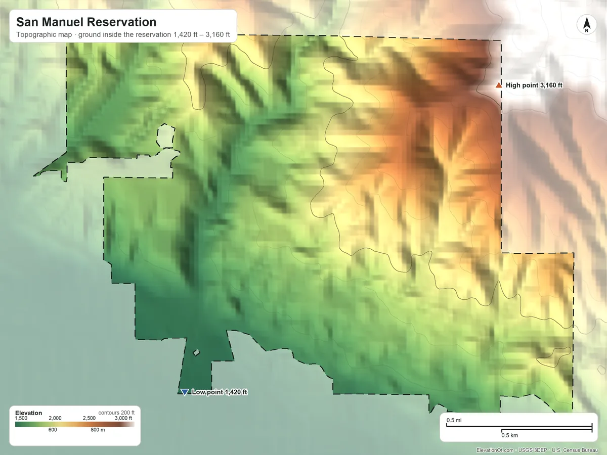 Topographic elevation map of San Manuel Reservation, California, shaded from 1,420 ft on the southwest side to 3,160 ft on the northeast side