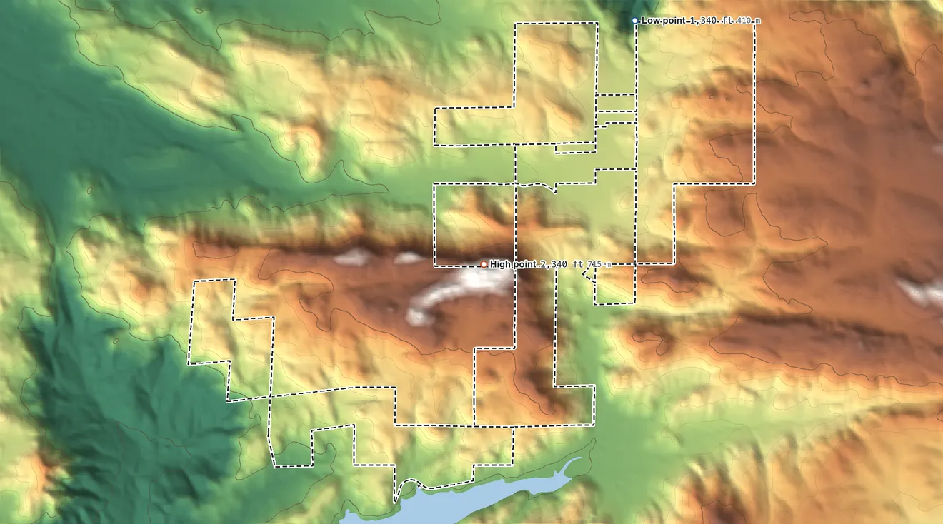 Topographic elevation map of San Pasqual Reservation, California, shaded from 1,340 ft on the northeast side to 2,340 ft near the middle