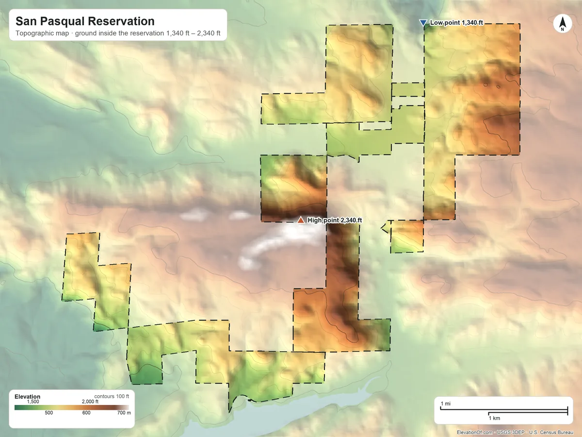 Topographic elevation map of San Pasqual Reservation, California, shaded from 1,340 ft on the northeast side to 2,340 ft near the middle