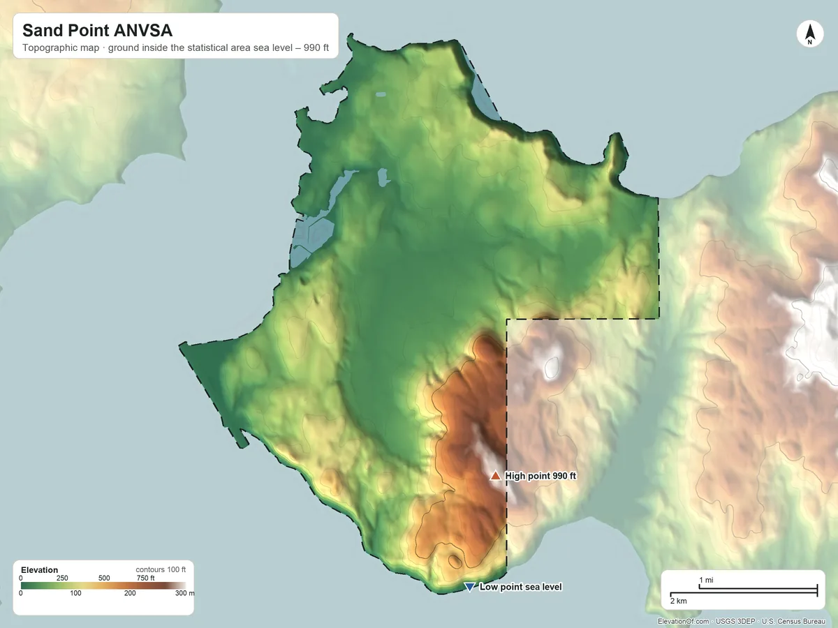 Topographic elevation map of Sand Point ANVSA, Alaska, shaded from sea level on the Popof Strait to 990 ft on the southeast side