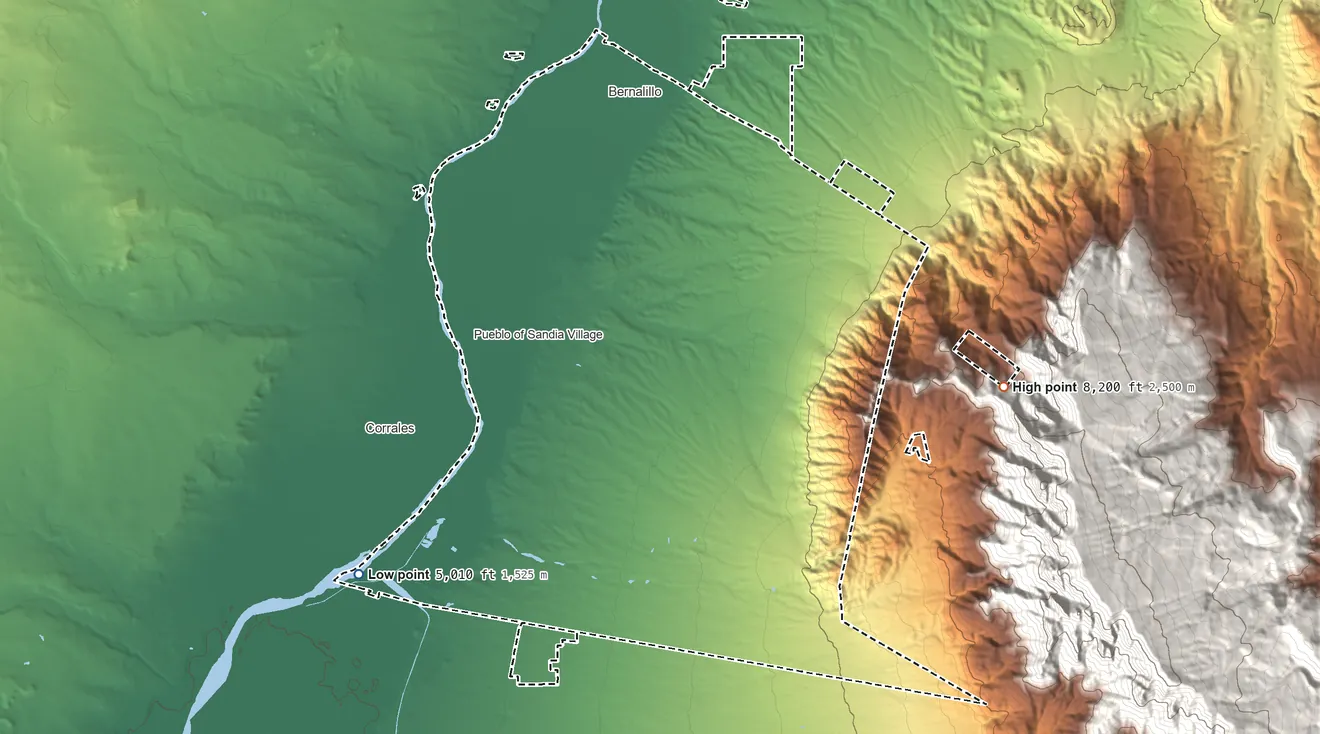 Topographic elevation map of Sandia Pueblo, New Mexico, shaded from 5,010 ft on the southwest side to 8,200 ft on the east side