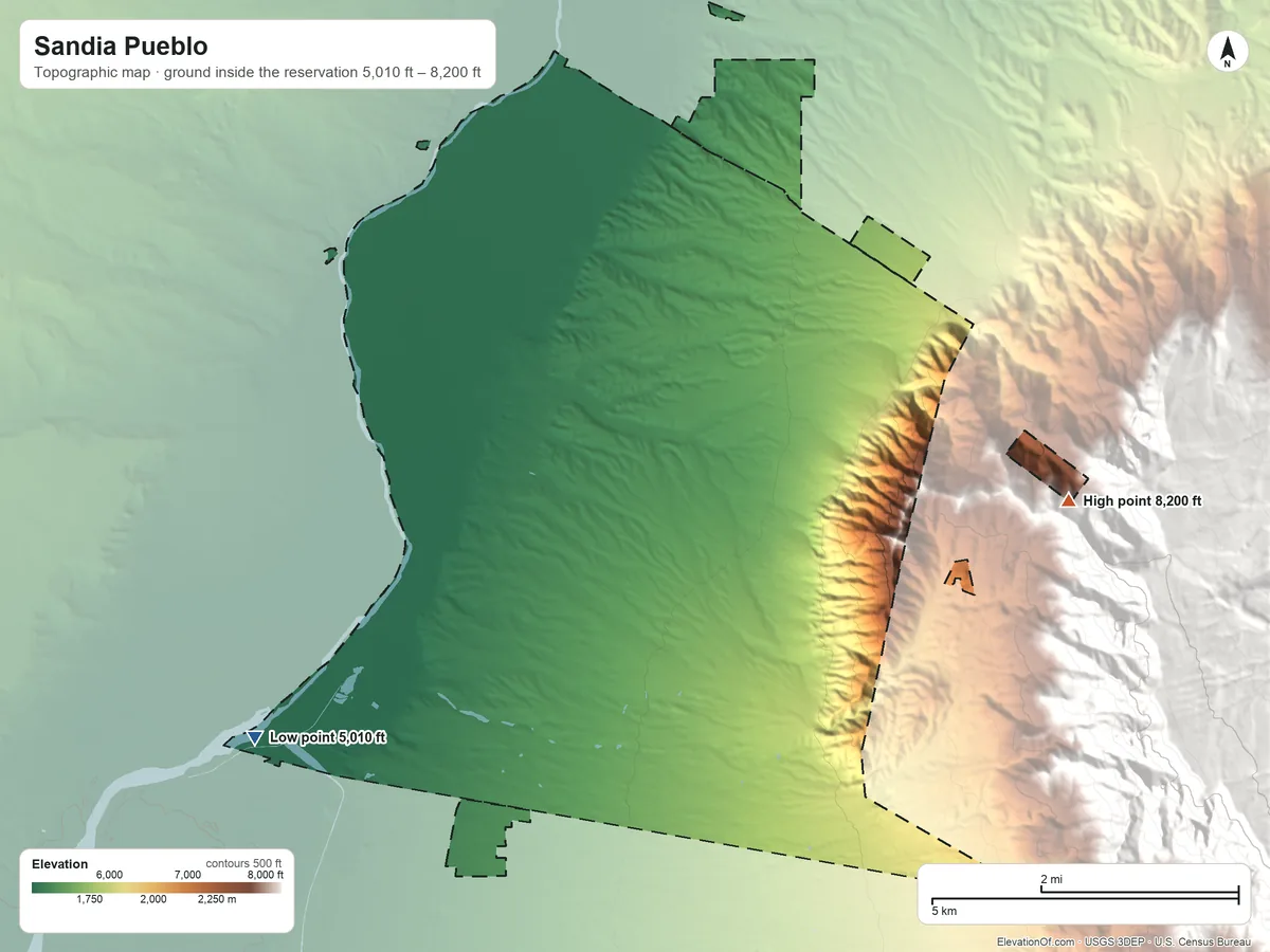 Topographic elevation map of Sandia Pueblo, New Mexico, shaded from 5,010 ft on the southwest side to 8,200 ft on the east side