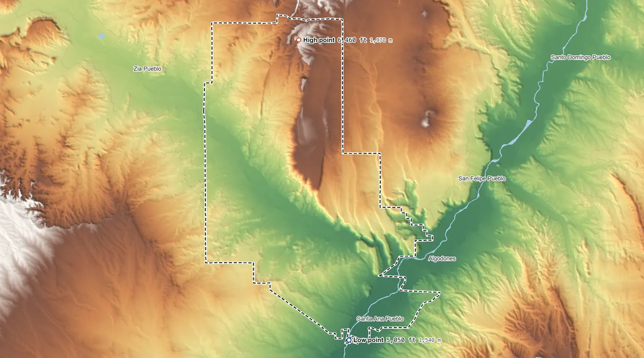 Topographic elevation map of Santa Ana Pueblo, New Mexico, shaded from 5,050 ft on the south side to 6,460 ft on the north side