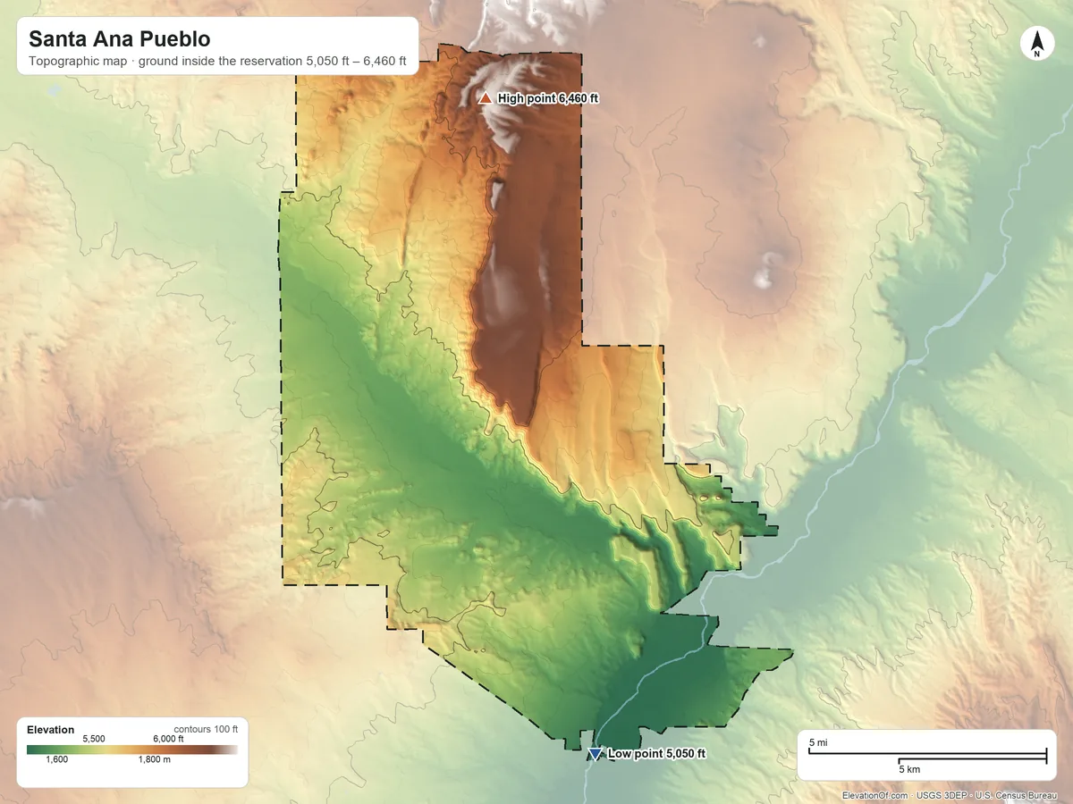 Topographic elevation map of Santa Ana Pueblo, New Mexico, shaded from 5,050 ft on the south side to 6,460 ft on the north side