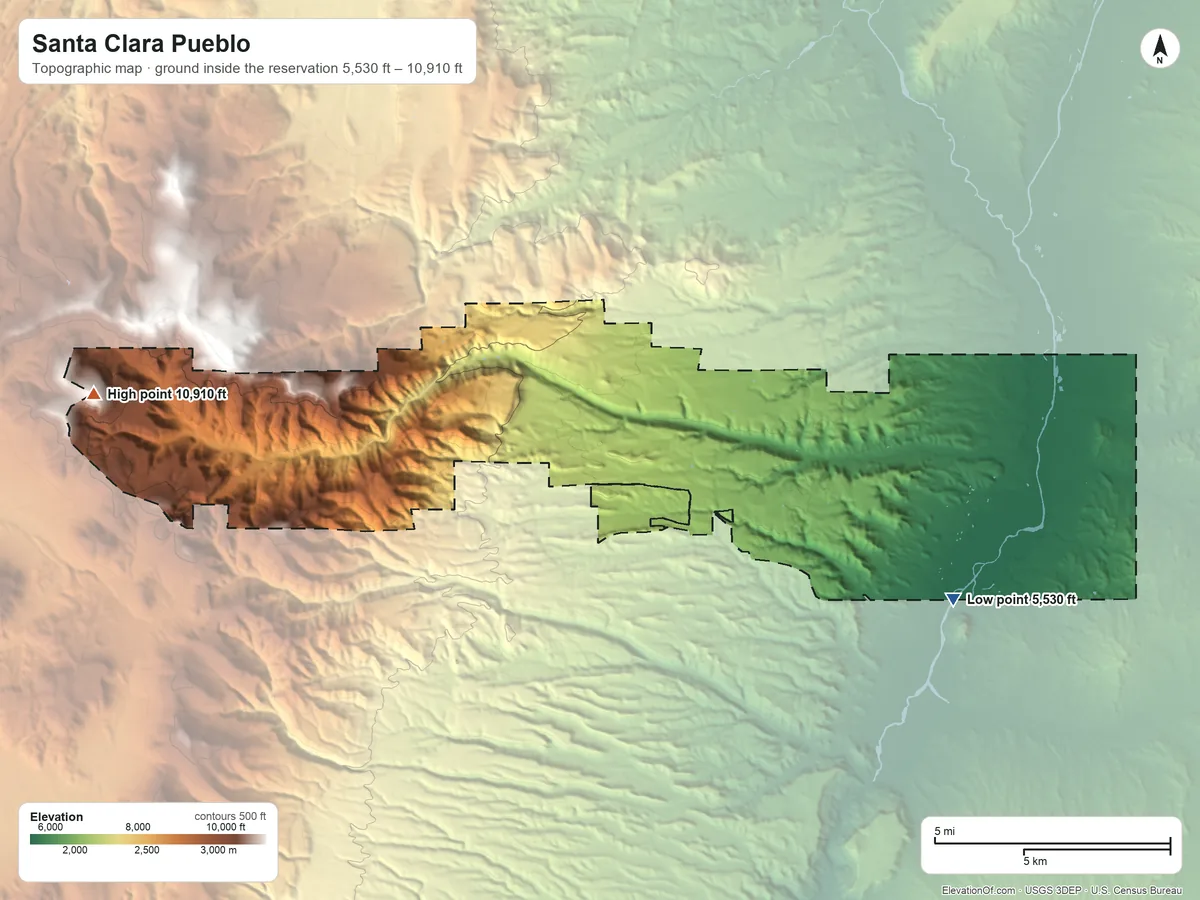 Topographic elevation map of Santa Clara Pueblo, New Mexico, shaded from 5,530 ft on the southeast side to 10,910 ft on Cerro Toledo