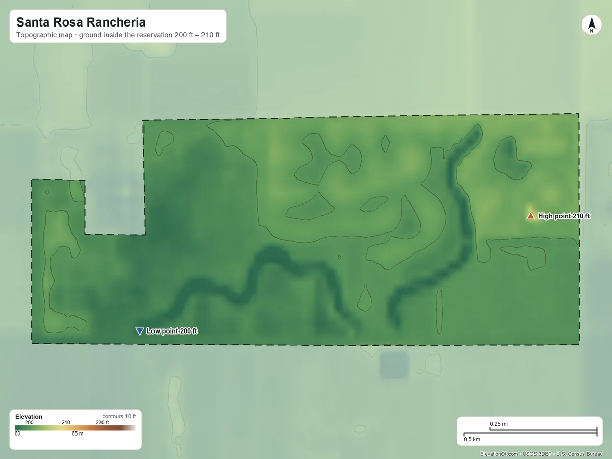 Topographic elevation map of Santa Rosa Rancheria, California, shaded from 200 ft on the southwest side to 210 ft on the east side