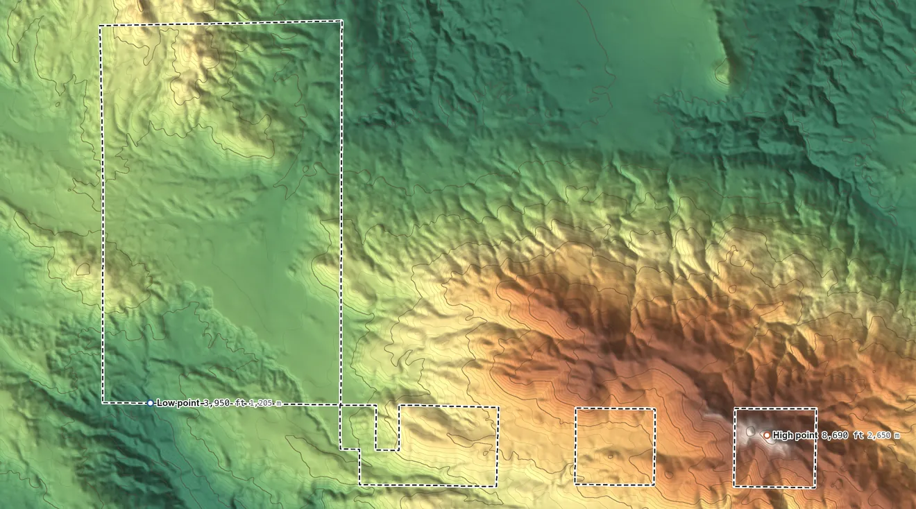Topographic elevation map of Santa Rosa Reservation, California, shaded from 3,950 ft on the southwest side to 8,690 ft on Toro Peak