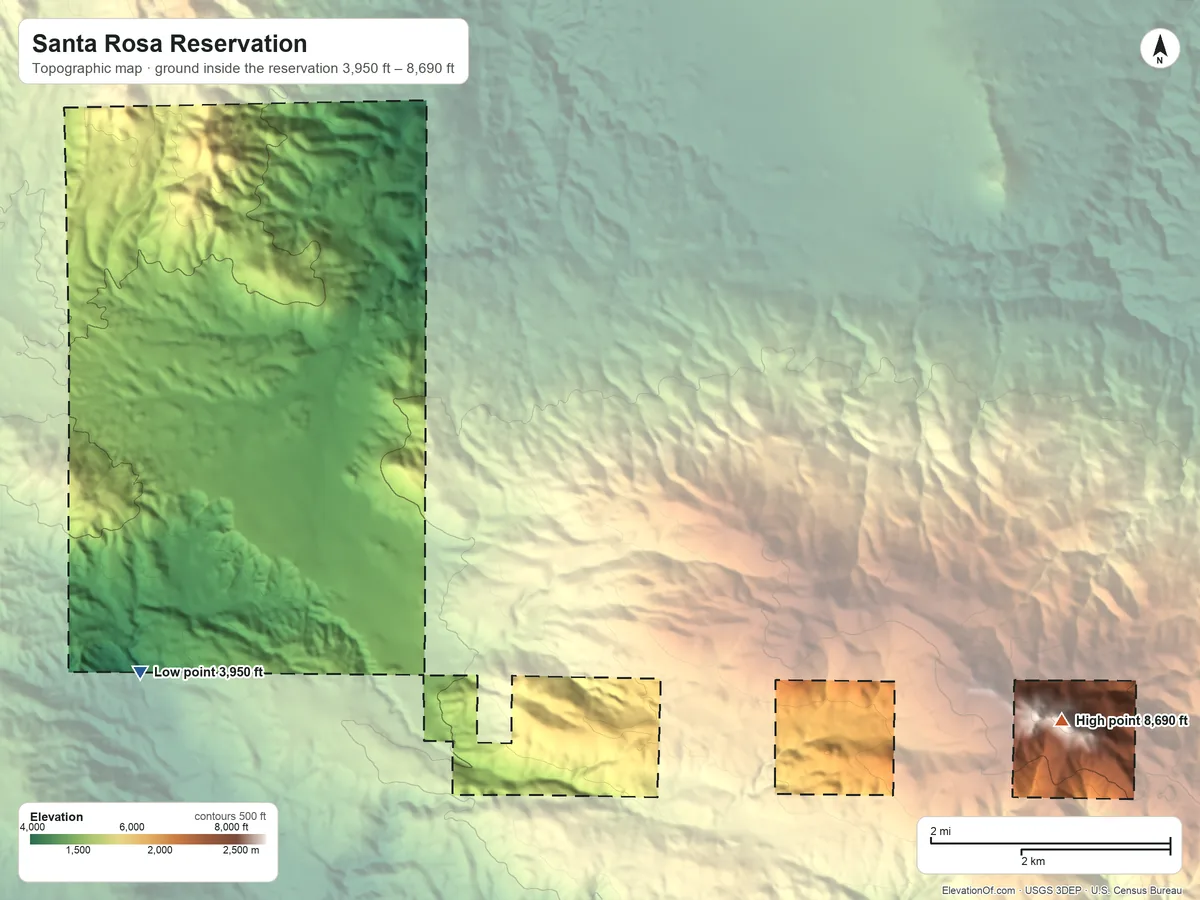 Topographic elevation map of Santa Rosa Reservation, California, shaded from 3,950 ft on the southwest side to 8,690 ft on Toro Peak