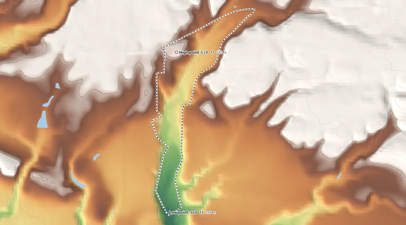 Topographic elevation map of Santa Ynez Reservation, California, shaded from 460 ft on the south side to 610 ft on the northwest side