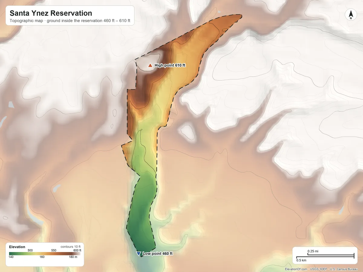 Topographic elevation map of Santa Ynez Reservation, California, shaded from 460 ft on the south side to 610 ft on the northwest side