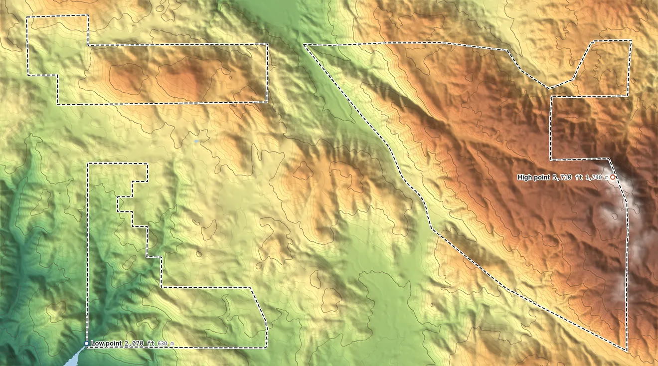 Topographic elevation map of Santa Ysabel Reservation, California, shaded from 2,070 ft on the southwest side to 5,710 ft in the Volcan Mountains
