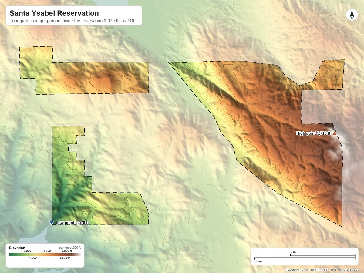 Topographic elevation map of Santa Ysabel Reservation, California, shaded from 2,070 ft on the southwest side to 5,710 ft in the Volcan Mountains