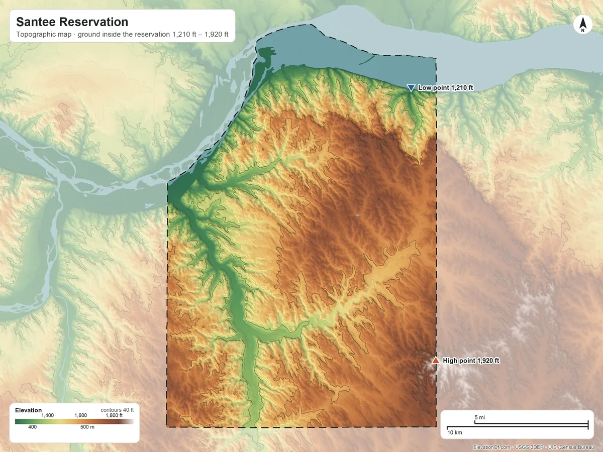 Topographic elevation map of Santee Reservation, Nebraska, shaded from 1,210 ft on the northeast side to 1,920 ft on the southeast side
