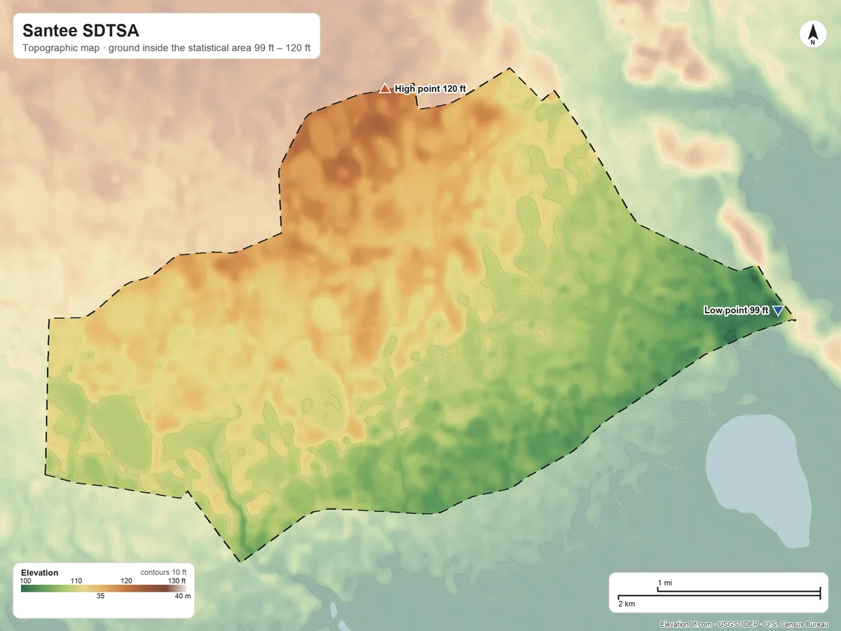 Topographic elevation map of Santee SDTSA, South Carolina, shaded from 99 ft on the east side to 120 ft on the north side
