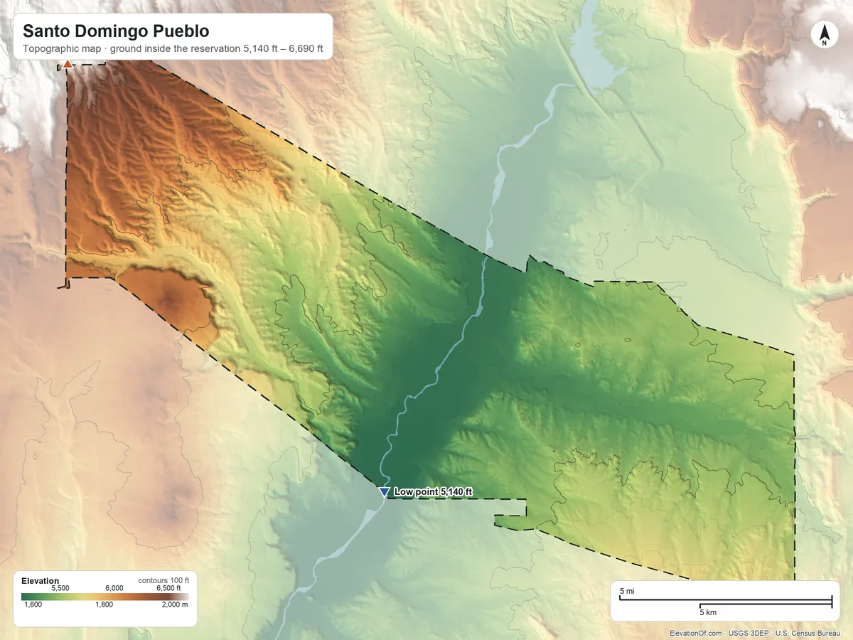 Topographic elevation map of Santo Domingo Pueblo, New Mexico, shaded from 5,140 ft on the south side to 6,690 ft on the northwest side
