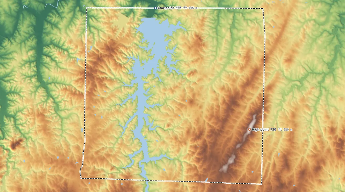 Topographic elevation map of Sappony SDTSA, North Carolina, shaded from 350 ft on the north side to 720 ft on the southeast side