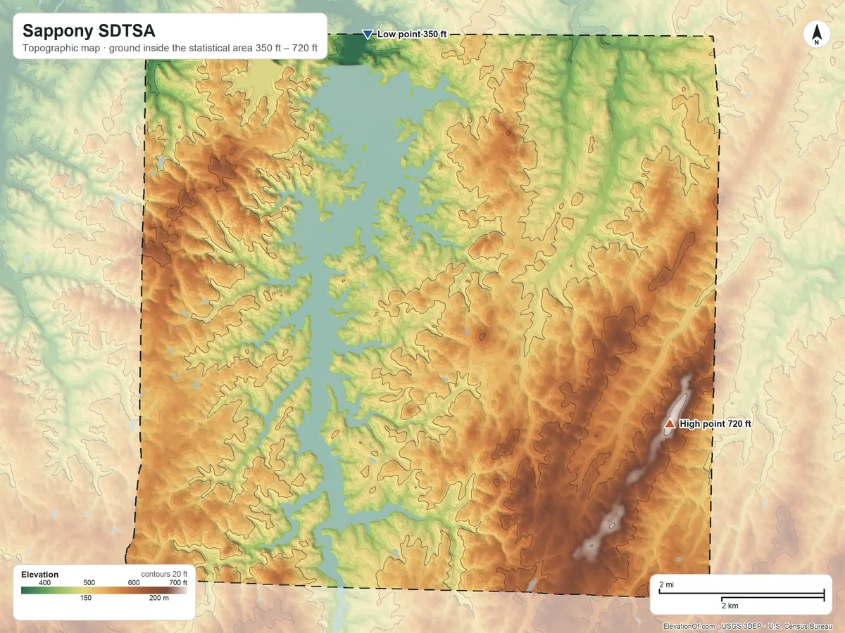 Topographic elevation map of Sappony SDTSA, North Carolina, shaded from 350 ft on the north side to 720 ft on the southeast side