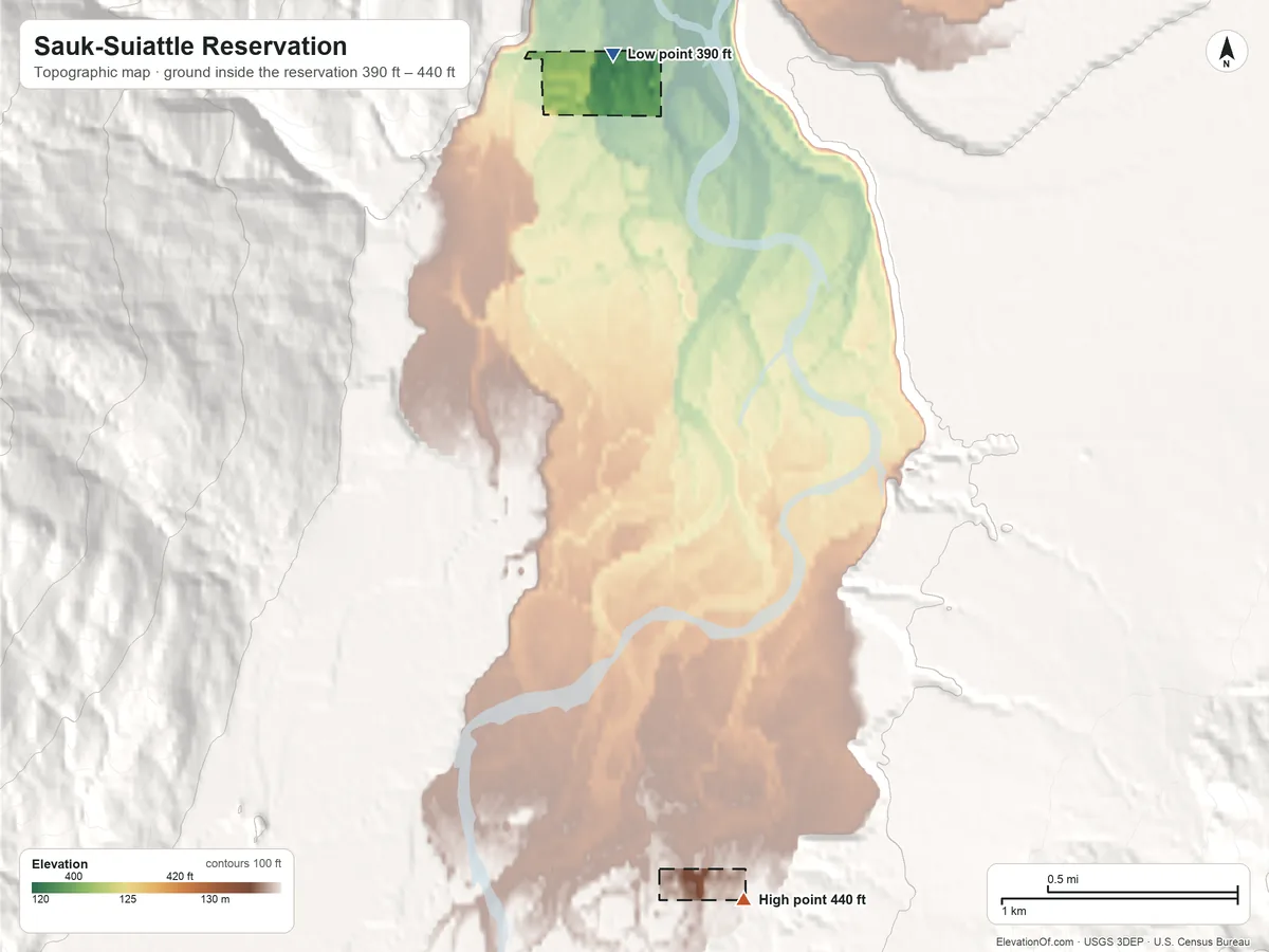 Topographic elevation map of Sauk-Suiattle Reservation, Washington, shaded from 390 ft on the north side to 440 ft on the south side