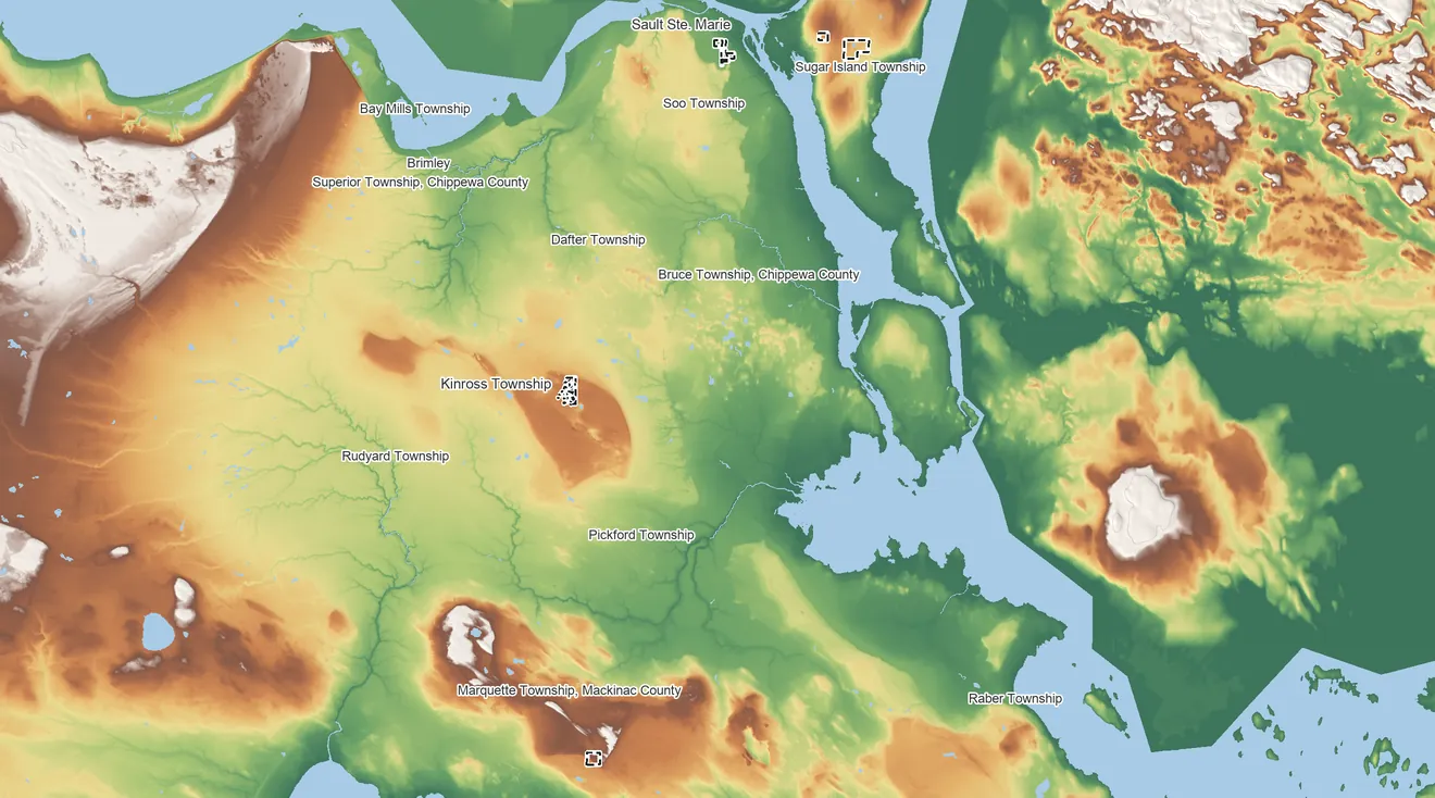 Topographic elevation map of Sault Ste. Marie Reservation, Michigan, shaded from 580 ft on the southwest side to 910 ft on the west side