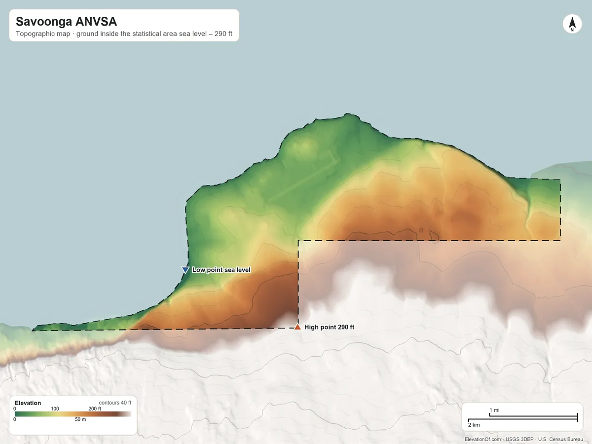 Topographic elevation map of Savoonga ANVSA, Alaska, shaded from sea level on Koomlangeelkuk Bay to 290 ft on the south side