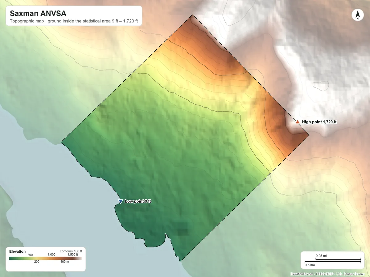 Topographic elevation map of Saxman ANVSA, Alaska, shaded from 9 ft on the southwest side to 1,720 ft on the east side