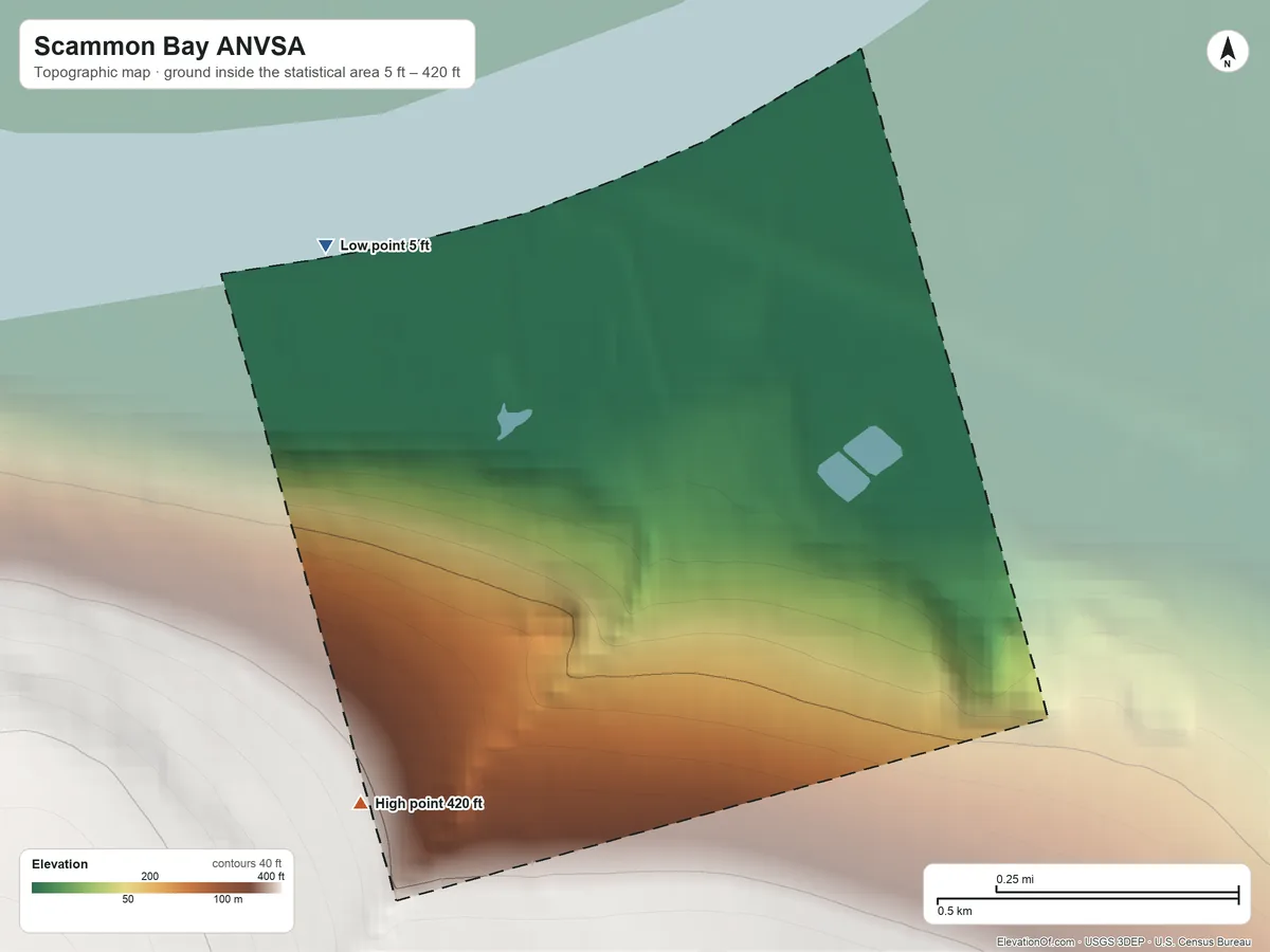 Topographic elevation map of Scammon Bay ANVSA, Alaska, shaded from 5 ft on the northwest side to 420 ft on the southwest side