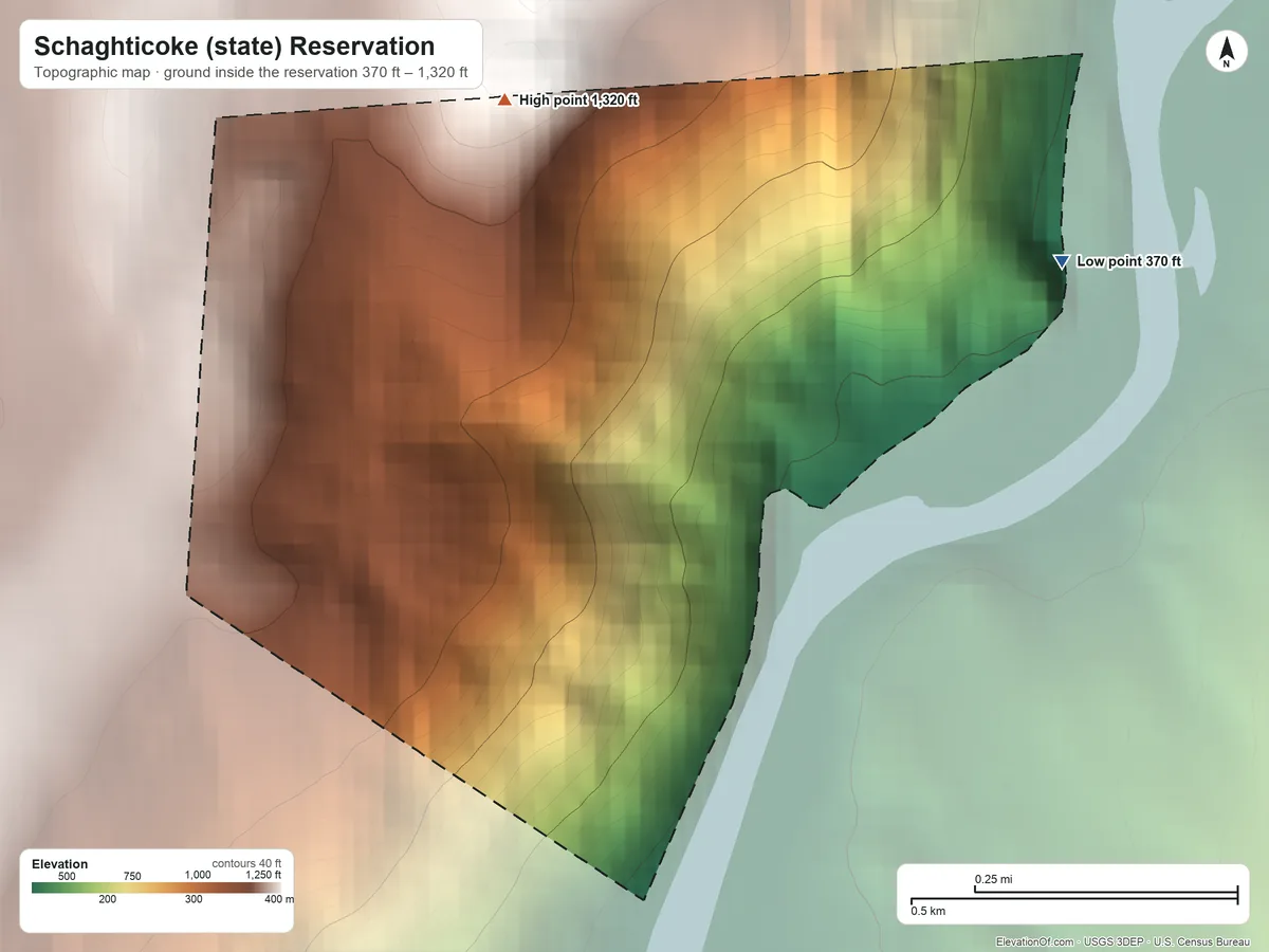 Topographic elevation map of Schaghticoke (state) Reservation, Connecticut, shaded from 370 ft on the northeast side to 1,320 ft on the north side