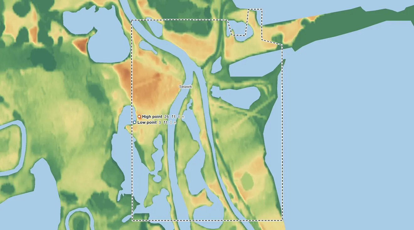 Topographic elevation map of Selawik ANVSA, Alaska, shaded from 3 ft on the west side to 26 ft on the west side