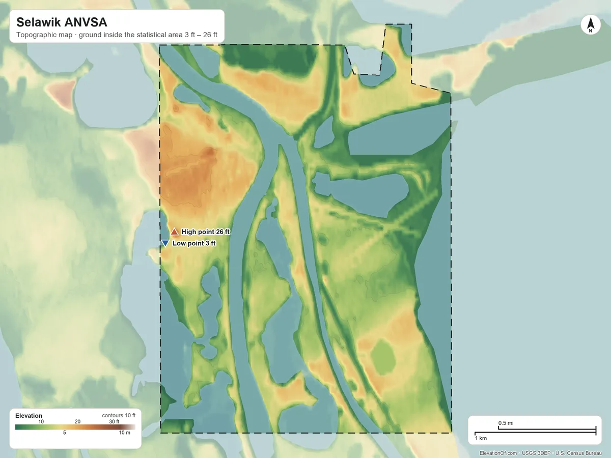 Topographic elevation map of Selawik ANVSA, Alaska, shaded from 3 ft on the west side to 26 ft on the west side