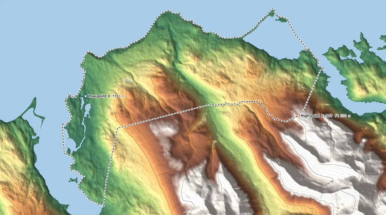 Topographic elevation map of Seldovia ANVSA, Alaska, shaded from sea level on Seldovia Bay to 1,940 ft on the east side