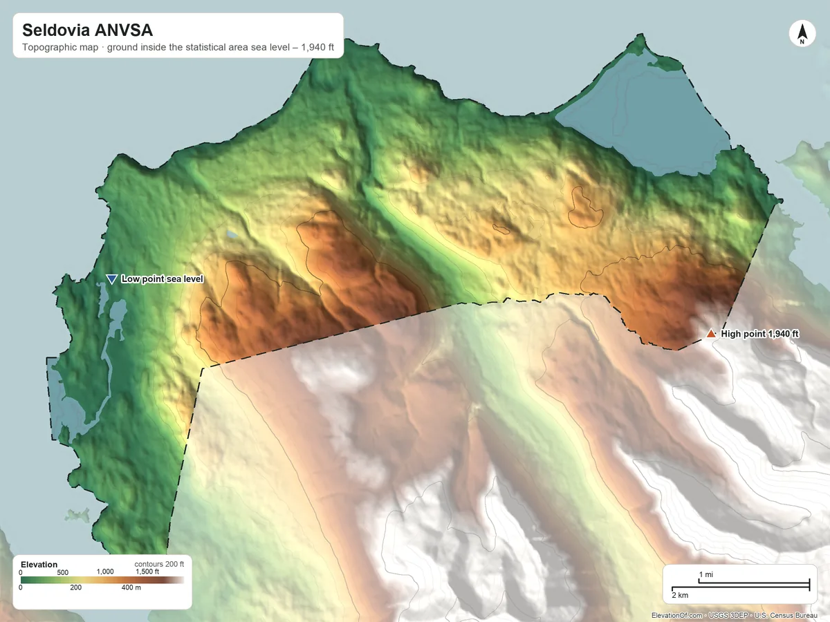 Topographic elevation map of Seldovia ANVSA, Alaska, shaded from sea level on Seldovia Bay to 1,940 ft on the east side