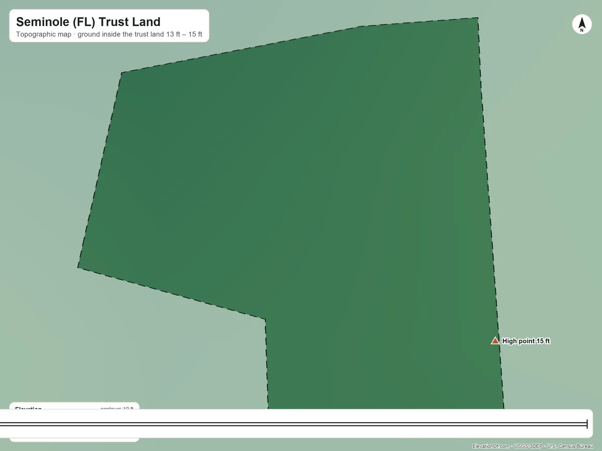 Topographic elevation map of Seminole (FL) Trust Land, Florida, shaded from 13 ft on the northwest side to 15 ft on the southeast side