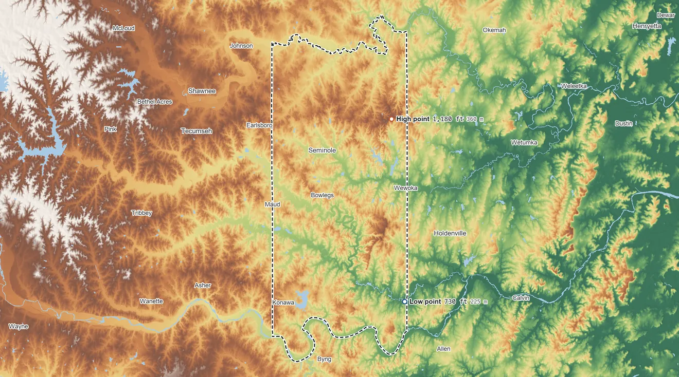Topographic elevation map of Seminole OTSA, Oklahoma, shaded from 730 ft on the southeast side to 1,180 ft on Chimney Rock