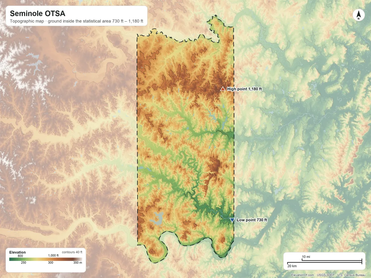 Topographic elevation map of Seminole OTSA, Oklahoma, shaded from 730 ft on the southeast side to 1,180 ft on Chimney Rock