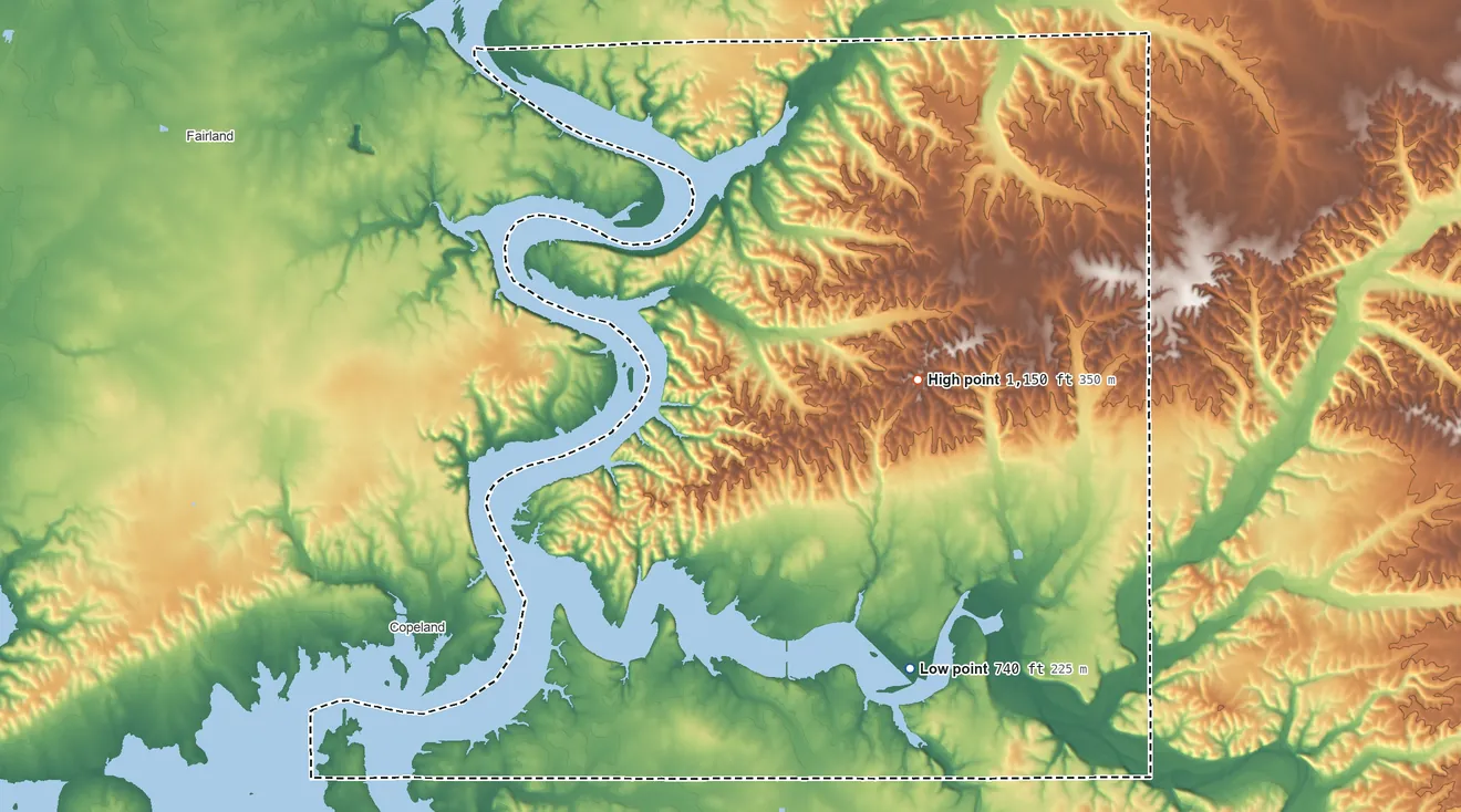 Topographic elevation map of Seneca-Cayuga OTSA, Oklahoma, shaded from 740 ft on the southeast side to 1,150 ft on the east side