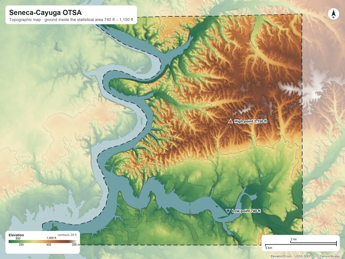 Topographic elevation map of Seneca-Cayuga OTSA, Oklahoma, shaded from 740 ft on the southeast side to 1,150 ft on the east side