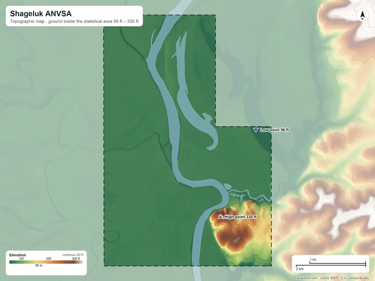Topographic elevation map of Shageluk ANVSA, Alaska, shaded from 56 ft on the east side to 330 ft on the southeast side