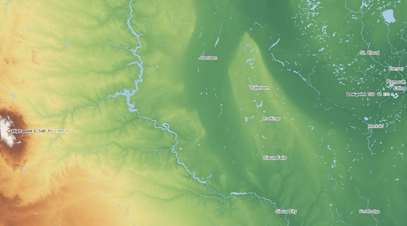 Topographic elevation map of Shakopee Mdewakanton Sioux Community, Minnesota, shaded from 750 ft on the east side to 6,540 ft on the west side