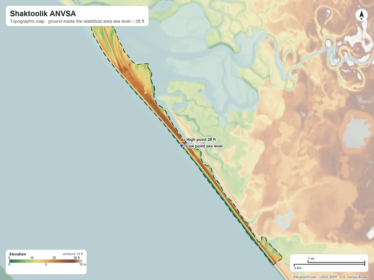 Topographic elevation map of Shaktoolik ANVSA, Alaska, shaded from sea level on Shaktoolik Bay to 28 ft near the middle