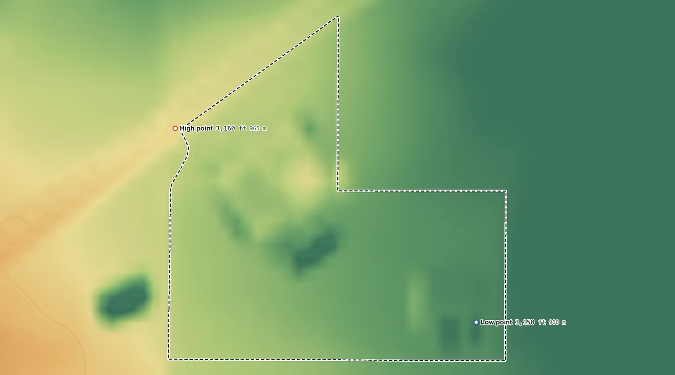 Topographic elevation map of Shawnee Trust Land, Oklahoma, shaded from 3,150 ft on the southeast side to 3,160 ft on the west side