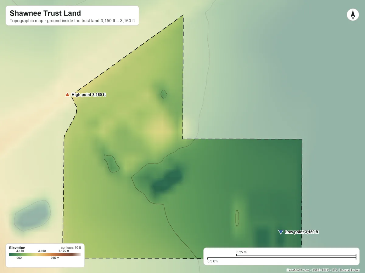 Topographic elevation map of Shawnee Trust Land, Oklahoma, shaded from 3,150 ft on the southeast side to 3,160 ft on the west side