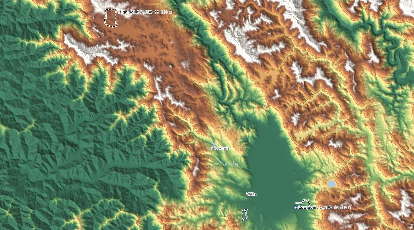 Topographic elevation map of Sherwood Valley Rancheria, California, shaded from 1,390 ft on the southeast side to 2,630 ft on the northwest side