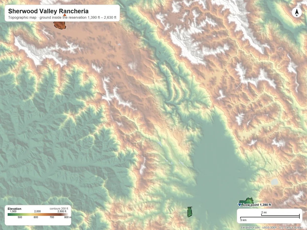 Topographic elevation map of Sherwood Valley Rancheria, California, shaded from 1,390 ft on the southeast side to 2,630 ft on the northwest side