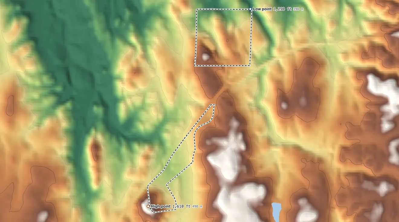 Topographic elevation map of Shingle Springs Rancheria, California, shaded from 1,290 ft on the northeast side to 1,610 ft on the southwest side