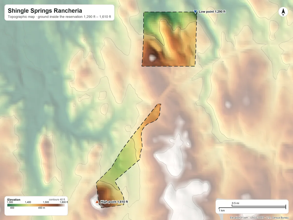 Topographic elevation map of Shingle Springs Rancheria, California, shaded from 1,290 ft on the northeast side to 1,610 ft on the southwest side