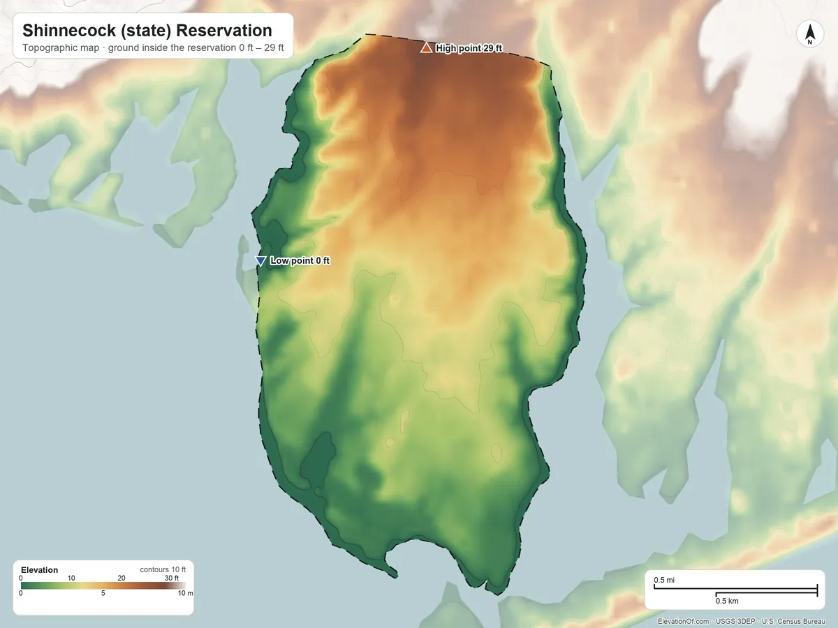 Topographic elevation map of Shinnecock (state) Reservation, New York, shaded from 0 ft on the west side to 29 ft on the north side