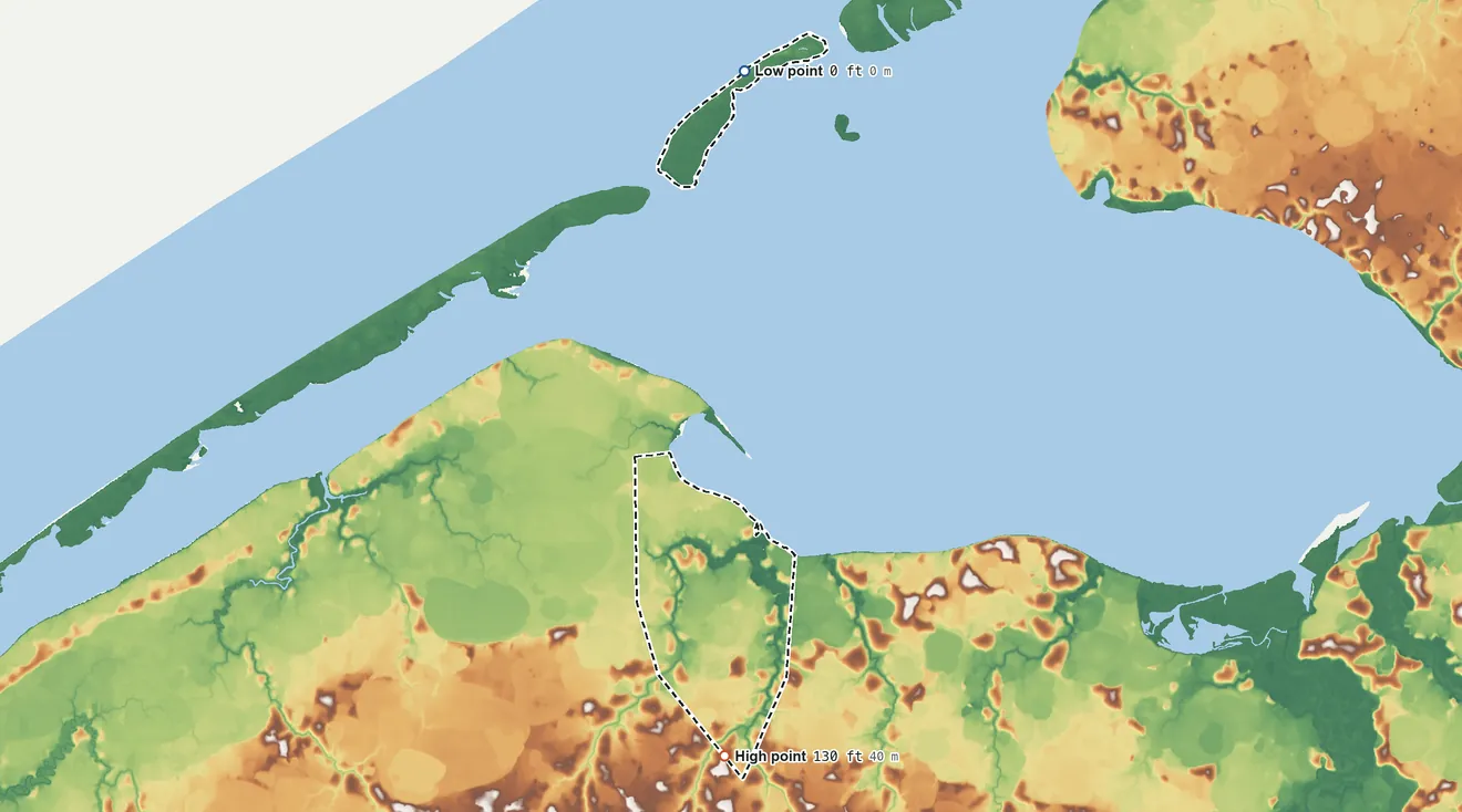Topographic elevation map of Shishmaref ANVSA, Alaska, shaded from sea level on the Chukchi Sea to 130 ft on the south side