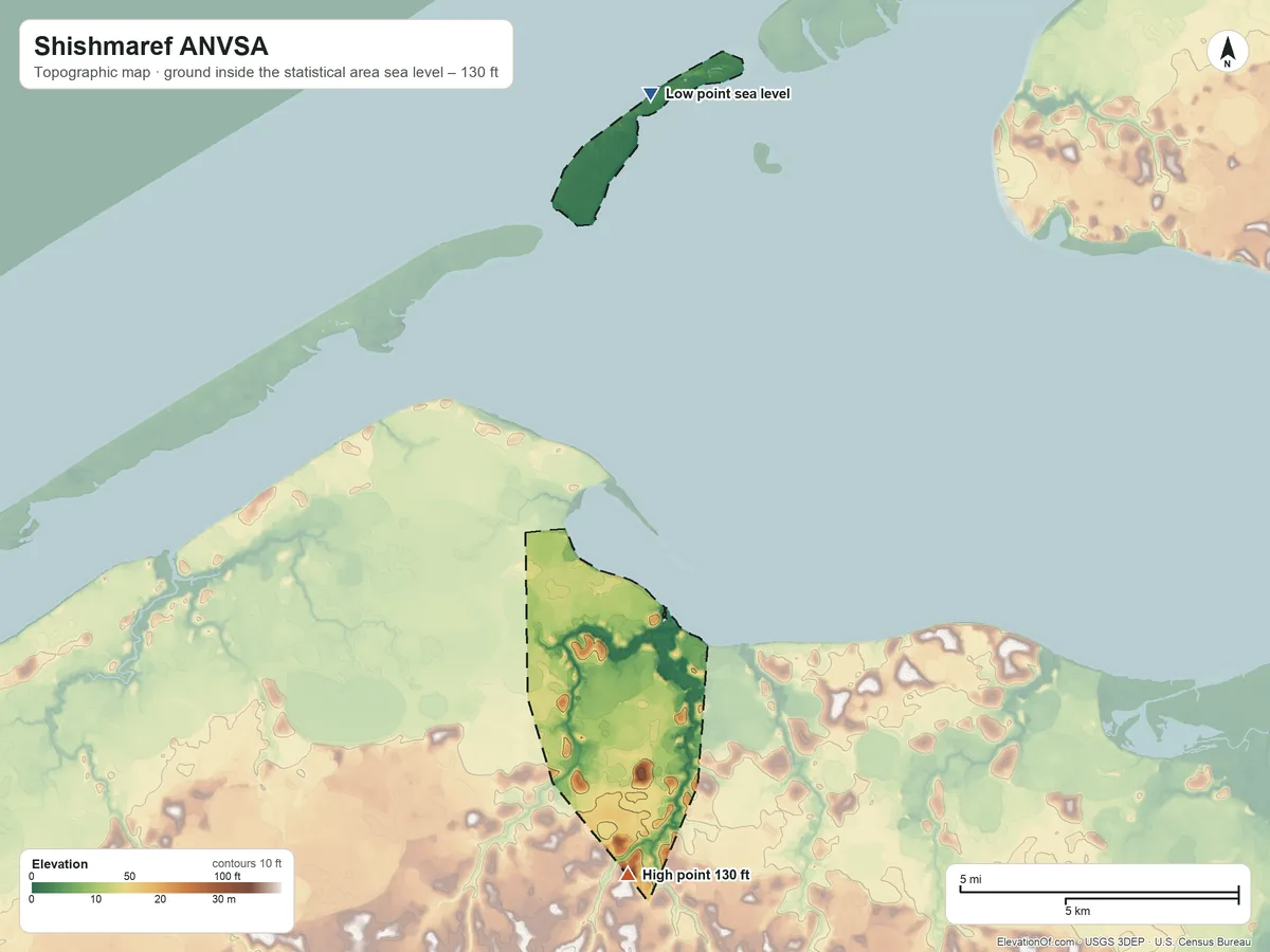 Topographic elevation map of Shishmaref ANVSA, Alaska, shaded from sea level on the Chukchi Sea to 130 ft on the south side