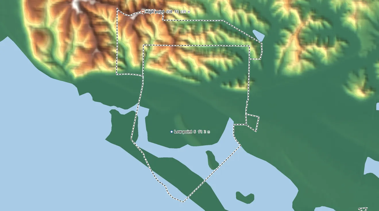Topographic elevation map of Shoalwater Bay Indian Reservation, Washington, shaded from 6 ft on the southwest side to 450 ft on the northwest side